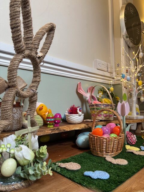 Easter display of eggs bunnies chicks and flowers  rotated