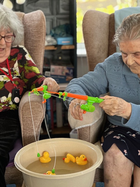 Maggie and Herta trying to hook a duck
