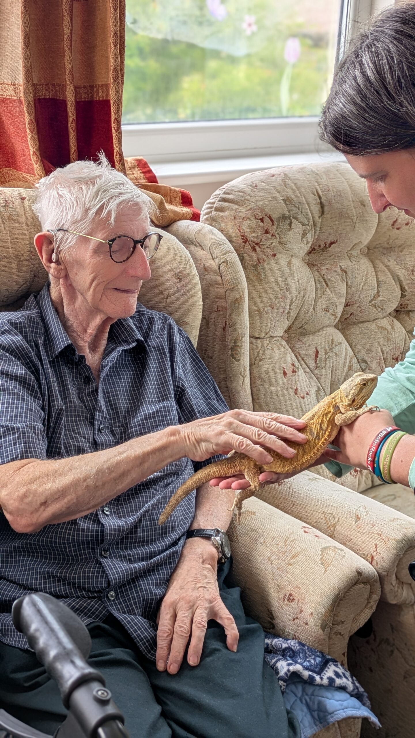 Terry stoking a bearded dragon smiling scaled